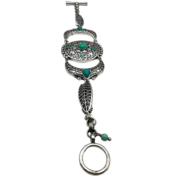 Silver Tone & Faux Turquoise Floral Filigree Bracelet   A21 - Picture 9 of 10